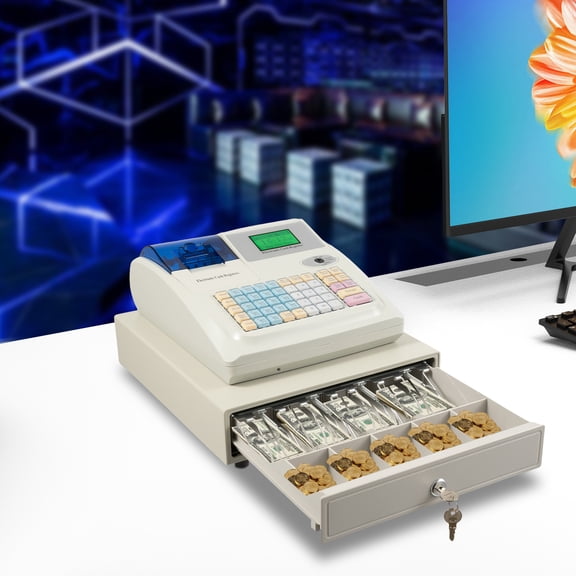 ChicHomey 48-Key Electronic Cash Register,2 Screens & 1 USB Interface, Digital LED Display,for Supermarkets & Retail, Durable ABS & Steel, 35W Power