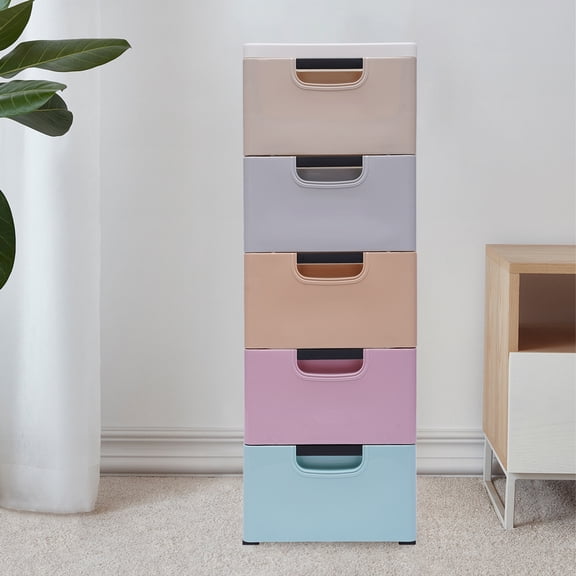ChicHomey 5-Drawer Storage Cabinet - PP Material,Stackable,Colorful-Orange/Grey/Yellow/Pink/Blue