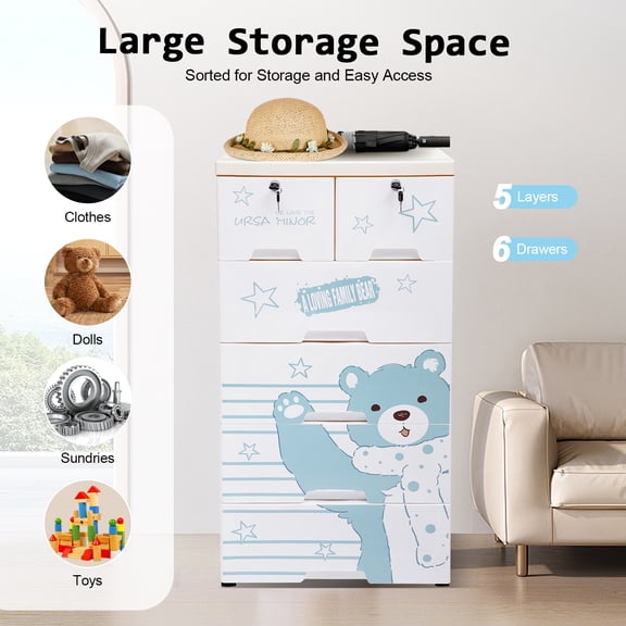 ChicHomey 5-Layer Plastic Storage Cabinet w/6 Drawers,Polar Bear Pattern,30kg Load,Organizer for Clothes Bedroom Living Room