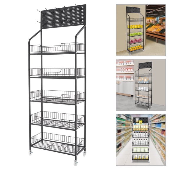 ChicHomey 5-Tier Retail Display Stand with Hooks, Wheels, and Elevated Guardrails for Easy Assembly and Maximum Storage Efficiency in Your Store