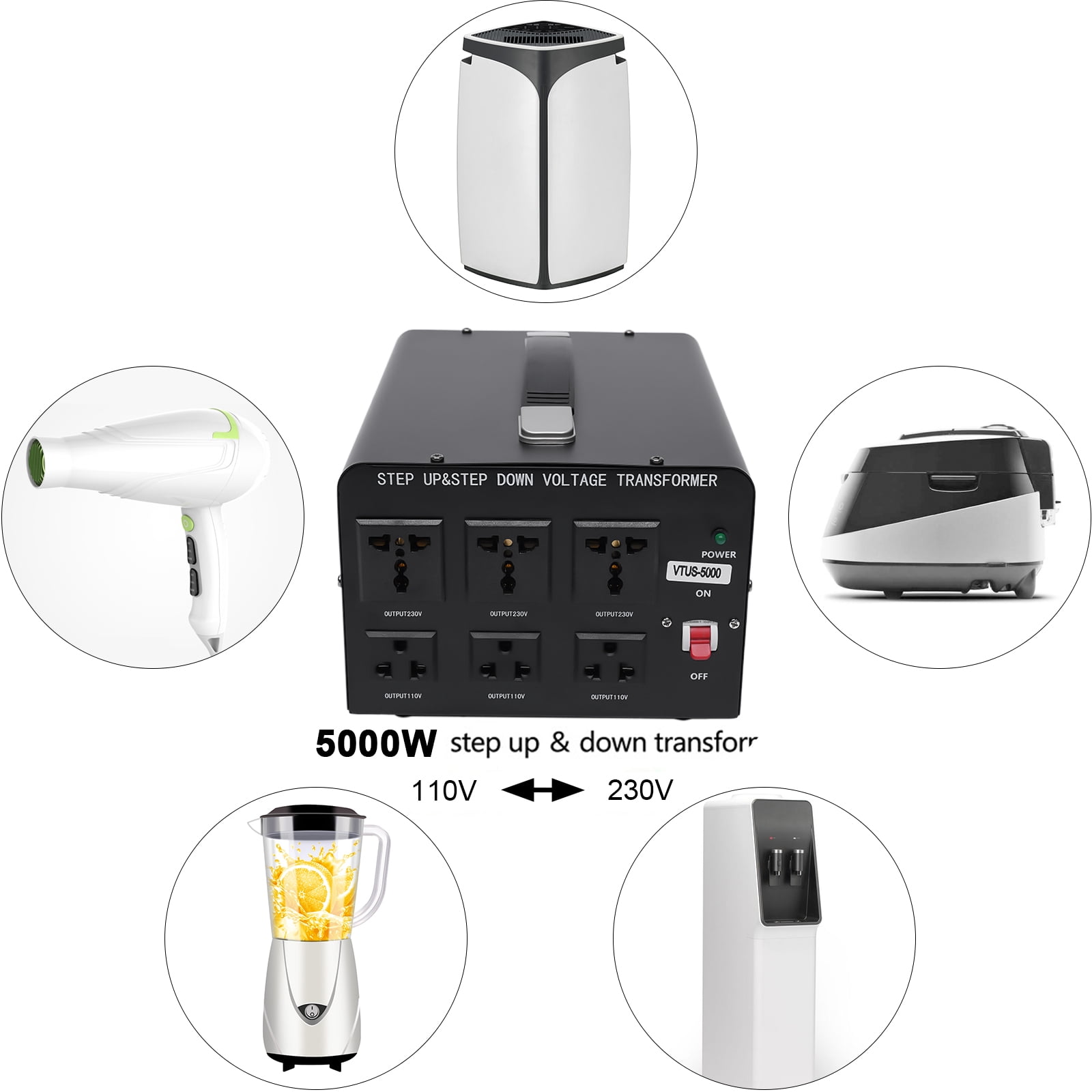 ChicHomey 5000W Voltage Converter Transformer, 110V to 220V, 6 Output Ports, Circuit Breaker Protection, Ideal for Appliances Under 3000W, Heavy Duty Design