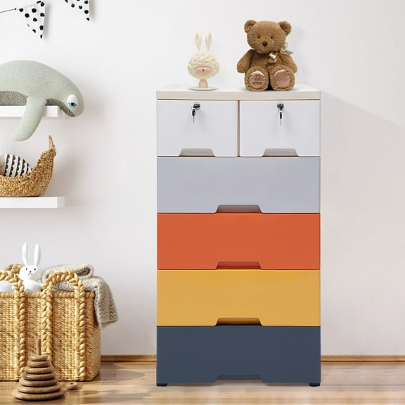 ChicHomey 6-Drawer Storage Cabinet,5-TierStorage Tower with Locks & Wheels,Movable Storage for for Clothes, Toys & Home Organization(White, Gray, Yellow, Orange, Blue)