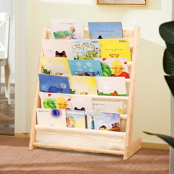 ChicHomey 6 Tiers Kids Book Rack Storage Bookshelf,Pine Wood & Cotton Linen - Sturdy Tip-Resistant Design,31.1 Inch Canvas Shelves for Home (White/Log Color)