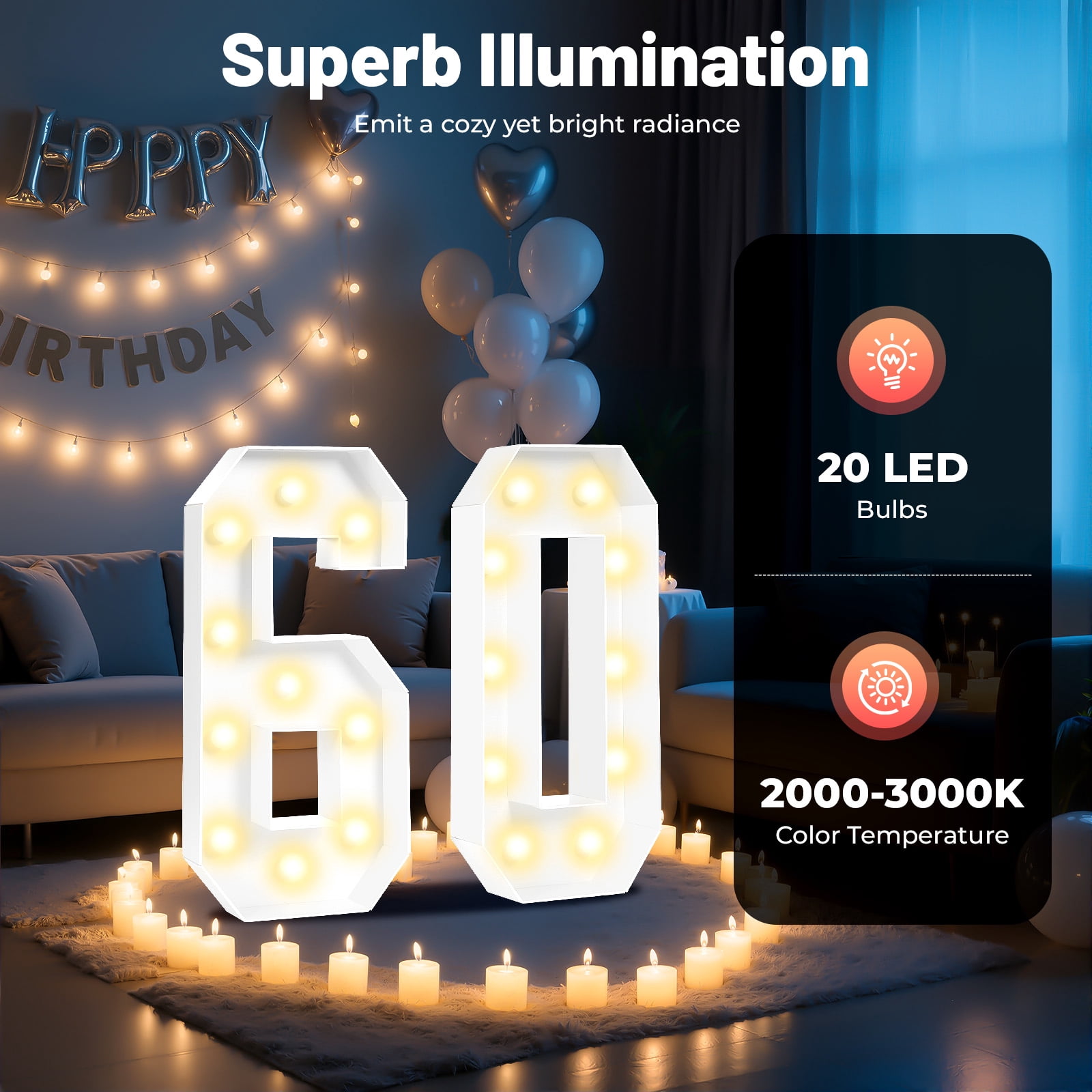ChicHomey 60th Birthday Light Up Numbers, 39 Inch Tall LED Lighted ...