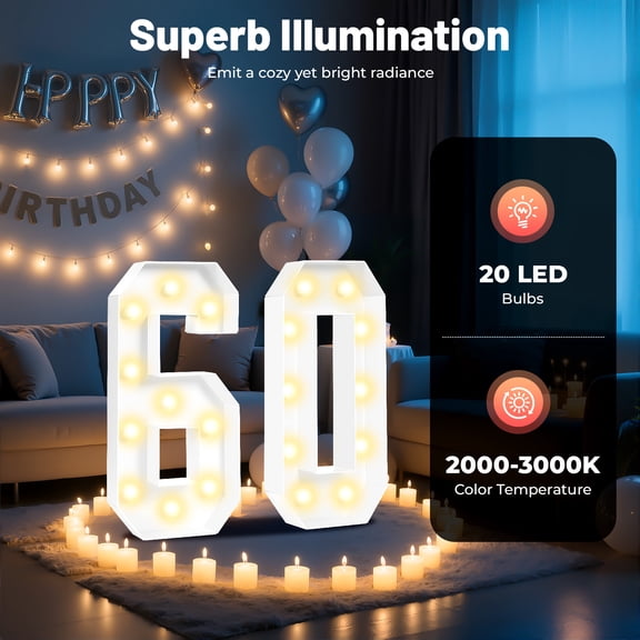 ChicHomey 60th Birthday Light Up Numbers, 39 Inch Tall LED Lighted House Decor,for Anniversary Party,White Vintage