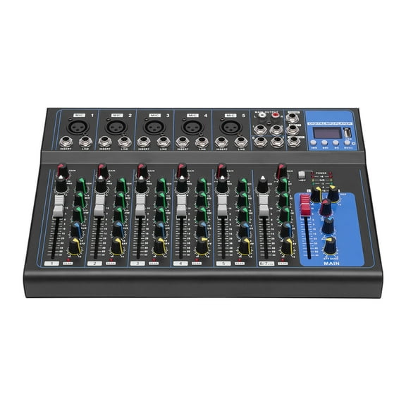 ChicHomey 7-Channel Audio Mixer with Phantom Power, LCD Display, Multiple Interfaces, Easy-to-Use for Studio and Live Sound, Compact Modern Design