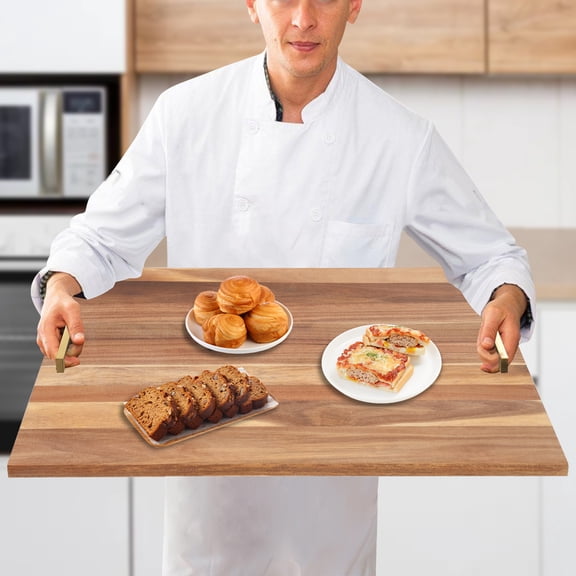 ChicHomey Acacia Wood Stove Top Cover 29x21in,Multi-Functional Log Color Stove Board With Gold Handles,for Range Stovetop, Cooktop