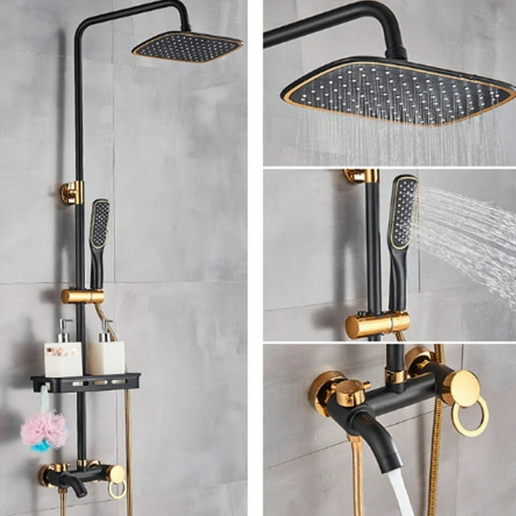 ChicHomey Black Gold Brass Shower Set 3-Water Modes,Wall Mount Dual Rainfall Shower Fixtures,Adjustable Height,1.8GPM Flow for Bathroom