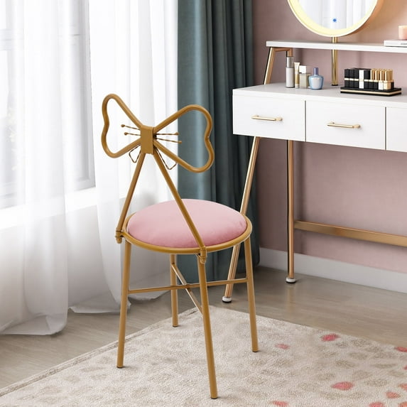 ChicHomey Butterfly-Shaped Vanity Chair,Durable Velvet Cushion Makeup Chair with Golden Metal Leg, for Bedroom Home Garden Living Room(Deep Pink)