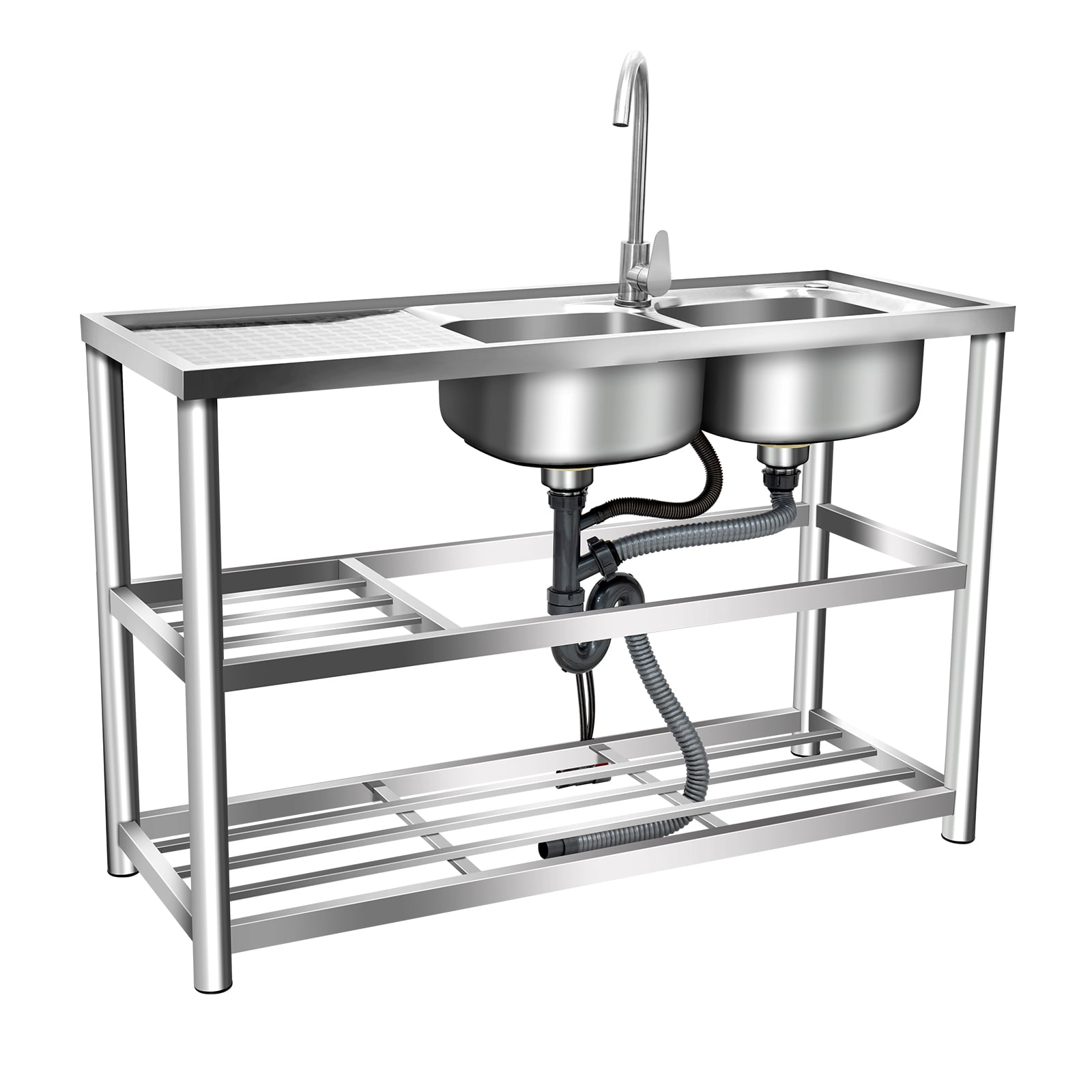 ChicHomey Double Bowl Kitchen Sink,Stainless Steel Utility Sink with Workbench & Storage Shelves,Cold & Hot Water Faucet,Garage/Restaurant/Outdoor Kitchen