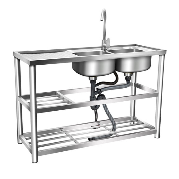 ChicHomey Double Bowl Kitchen Sink,Stainless Steel Utility Sink with Workbench & Storage Shelves,Cold & Hot Water Faucet,Garage/Restaurant/Outdoor Kitchen