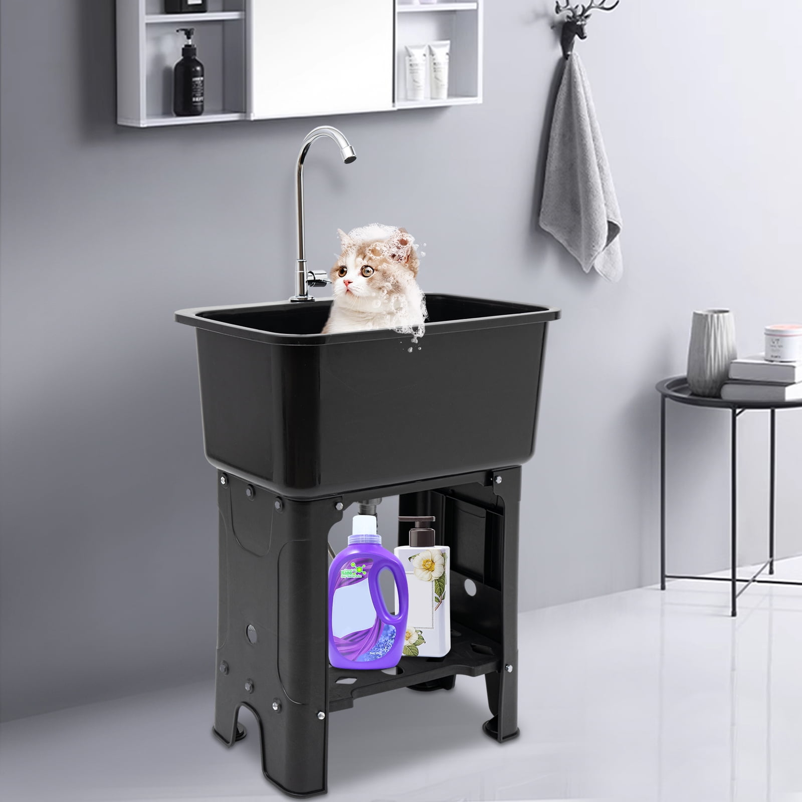 ChicHomey Freestanding Utility Sink with 360° Rotating Faucet,Large Capacity Black PP Sink, for Garage, Laundry Room and Garden