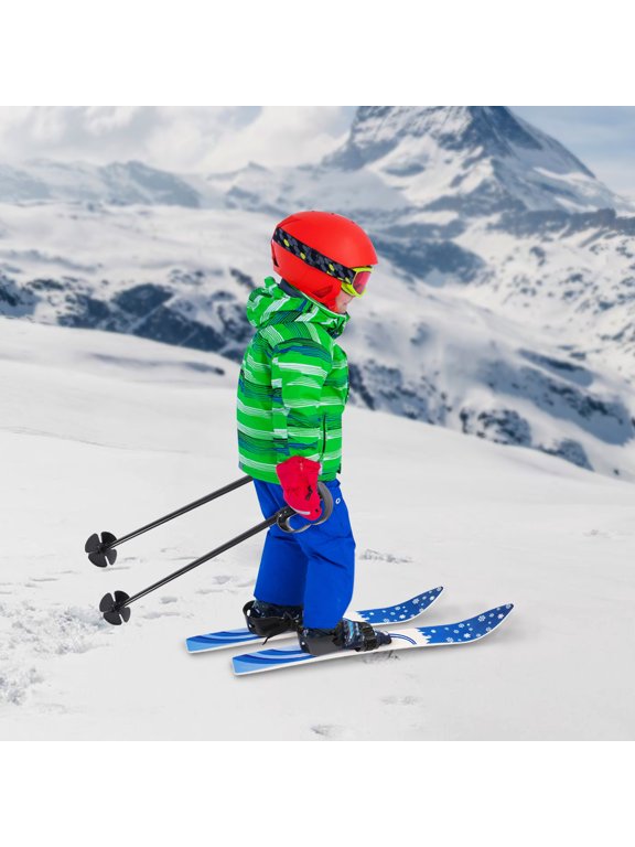 Kids Ski Set with Poles,110lbs Capacity,Anti-Slip Bidirectional Bindings,Lightweight for Beginners, Blue Snowflake Design,for Ages 2-8