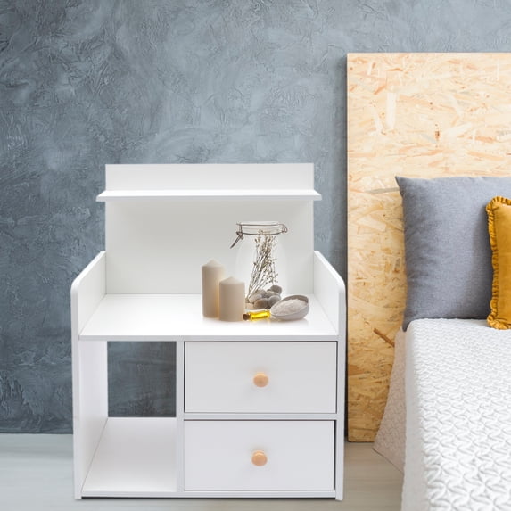 ChicHomey Modern Bedside Table, 16.9x10.2x23.6in Multi-Storage, 2 Drawers & Open Shelf,Rounded Edges, White Irregular Cube for Bedroom/Living Room
