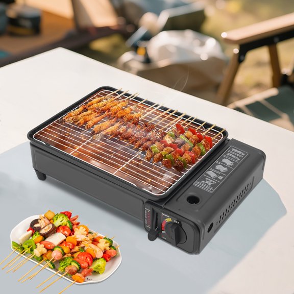 ChicHomey Portable Gas Barbecue Stove, with Carrying Case,Easy Clean Grease Tray Clean-Burning Butane for Camping Picnic RV Party Park BBQ