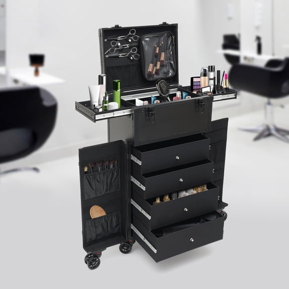 ChicHomey Rolling Makeup Case,4 Drawers+Side Pockets Classified Storage,Folding Trays & Adjustable Rod,for Beauty Personal Care Black