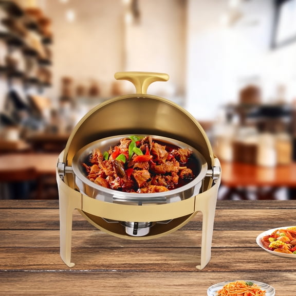 ChicHomey Round Chafing Dish 9.51Qt,Stainless Steel Buffet Server with Fuel Holder,Flip Lid 180/90, Gold for Party Wedding Picnic