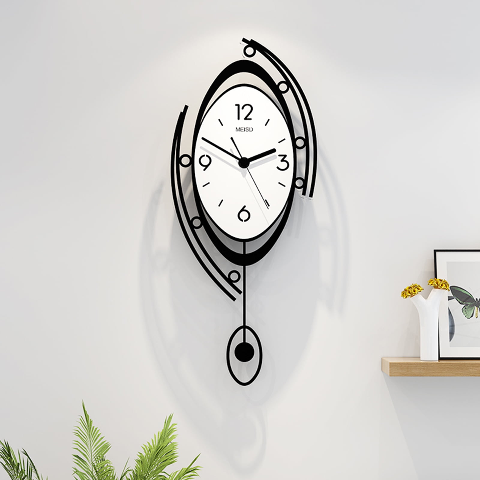 ChicHomey Silent Quartz Wall Clock 3D Creative, 23"x9.8"Modern Round Metal Swing Wall Clock Black Durable Home Decoration