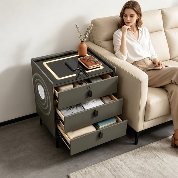 ChicHomey Smart Bedside Cabinet 3 Drawers,Fingerprint Lock Nightstand with Wireless Charging, USB, Bluetooth Speaker,Dark Grey
