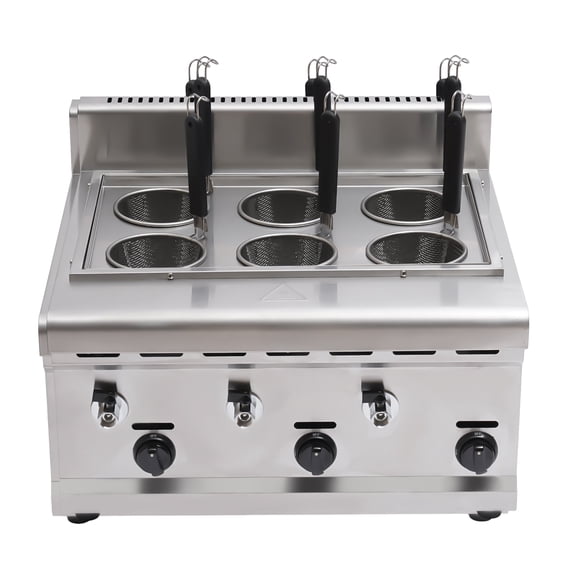 ChicHomey Stainless Steel 6-Hole Pasta Cooker with Gas Control, 3 Gas Knobs, 6 Mesh Filters, Ideal for Commercial or Home Pasta Cooking Needs