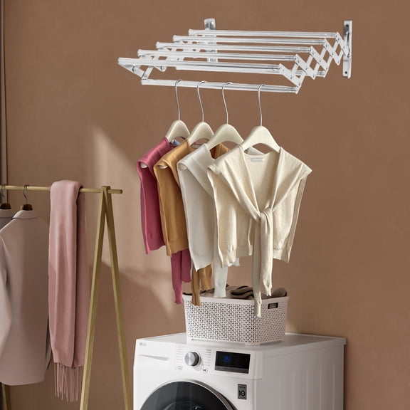 ChicHomey Wall-Mounted Clothes Hanger Rack,Retractable Collapsible 7 Rods Clothing Hanger,8 lbs Capacity,Stainless Steel,for Kitchen Balcony Bathroom