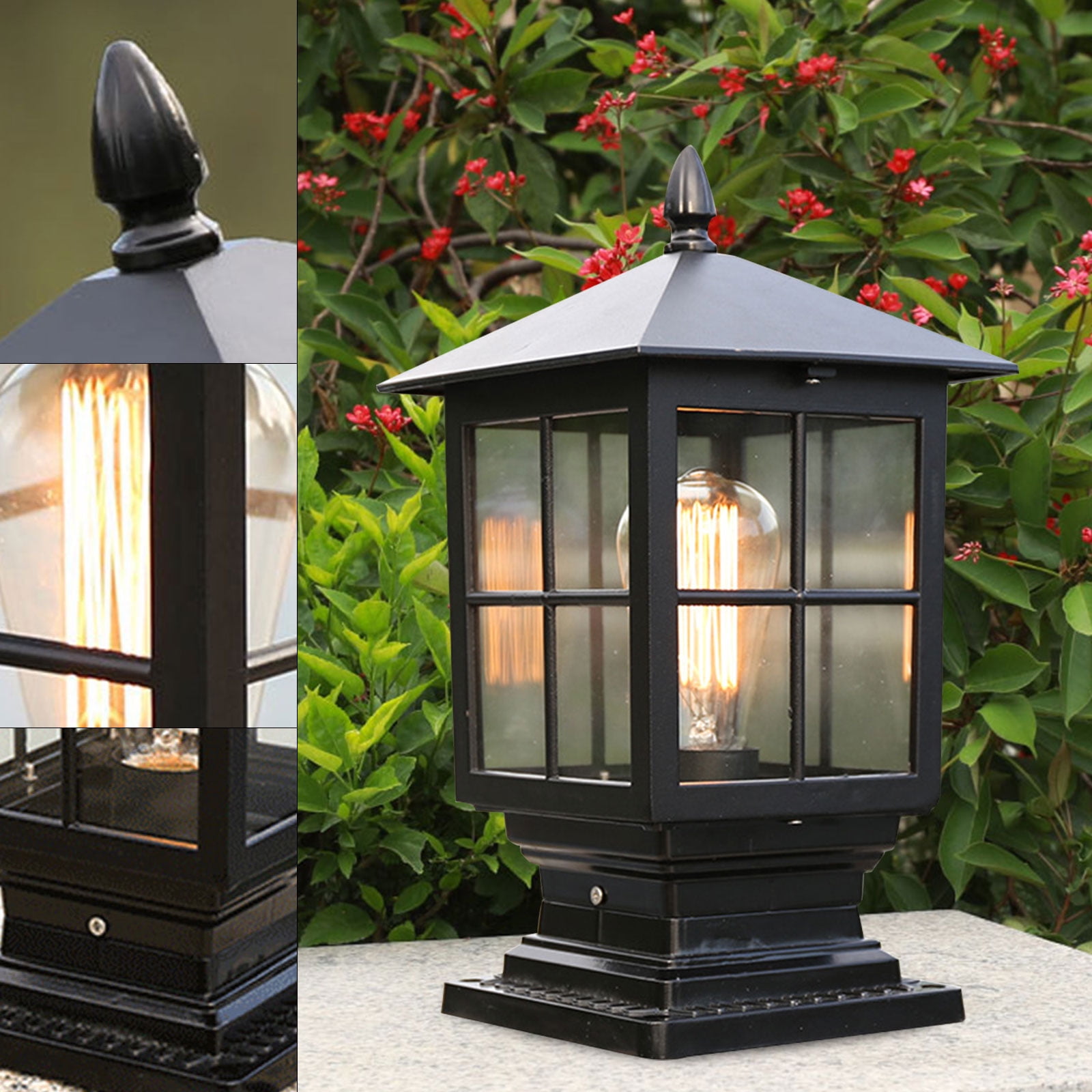 Black Aluminum Outdoor Post Lantern with Clear Glass Panels