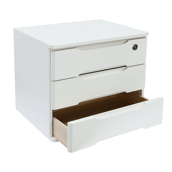 ChicHomey White Wooden 3-Tier Desktop Storage Box with Lockable Drawers, Ergonomic Handles, and Anti-slip Base, Space-saving Design