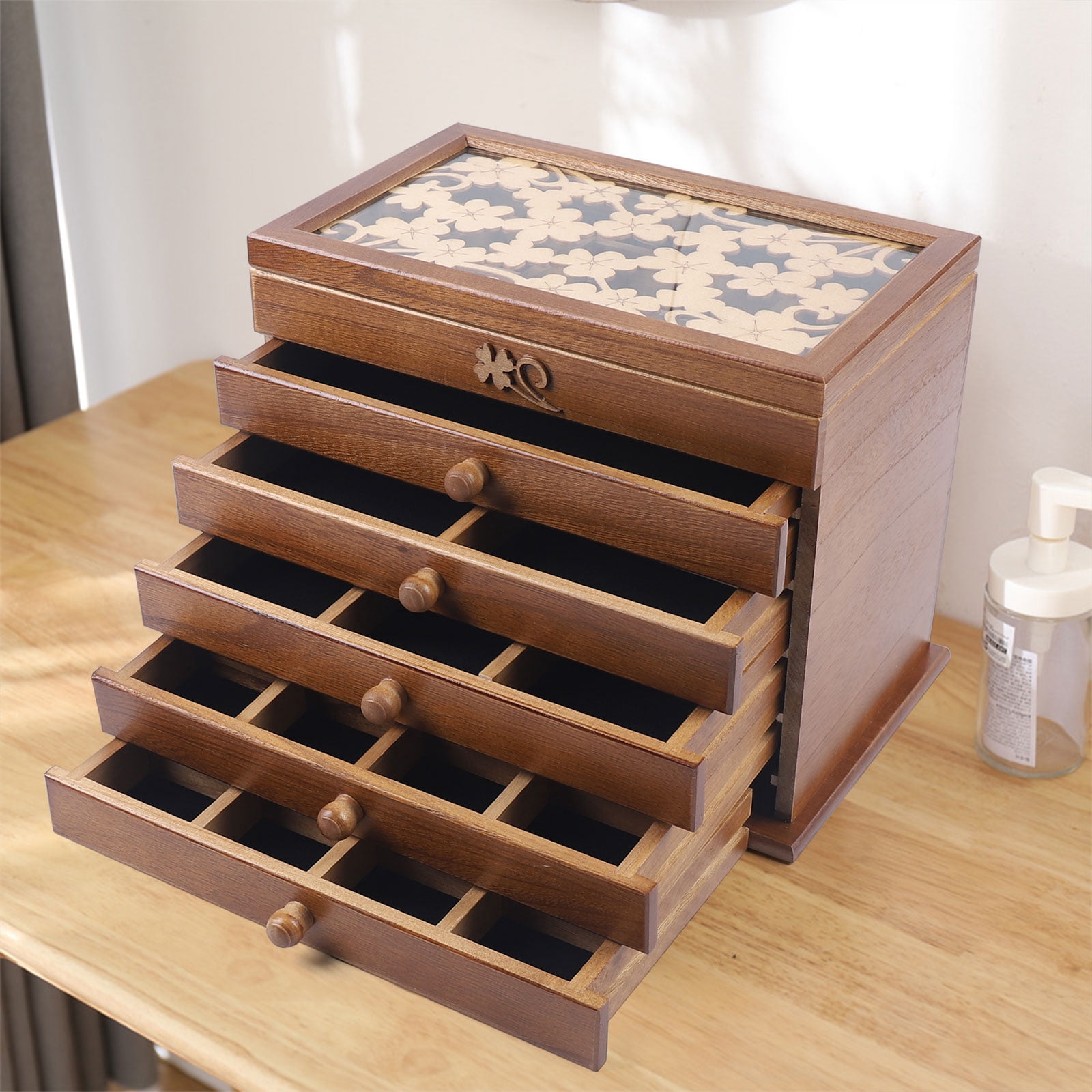 ChicHomey Wooden Jewelry Storage Case Box with Four Leaf Carved Glass ...