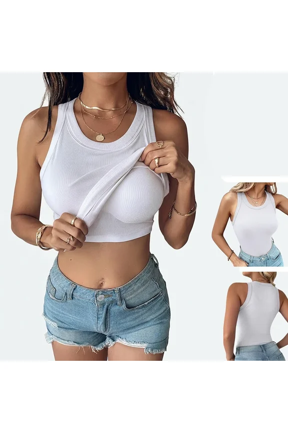 Womens Built in Bras Tank Tops Sleeveless Casual Shirts Racerback Ribbed Tank Top White-L