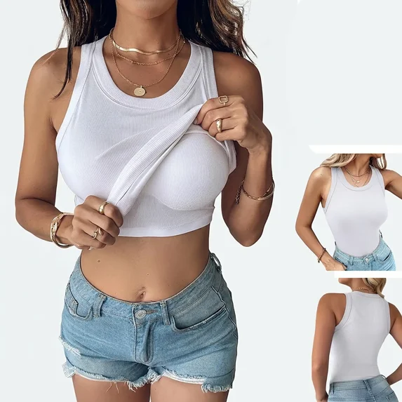 CHICME Womens Built in Bras Tank Tops Sleeveless Casual Shirts Racerback Ribbed Tank Top White-S