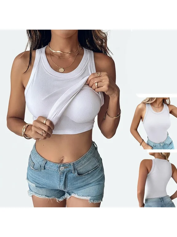 Womens Built in Bras Tank Tops Sleeveless Casual Shirts Racerback Ribbed Tank Top White-M