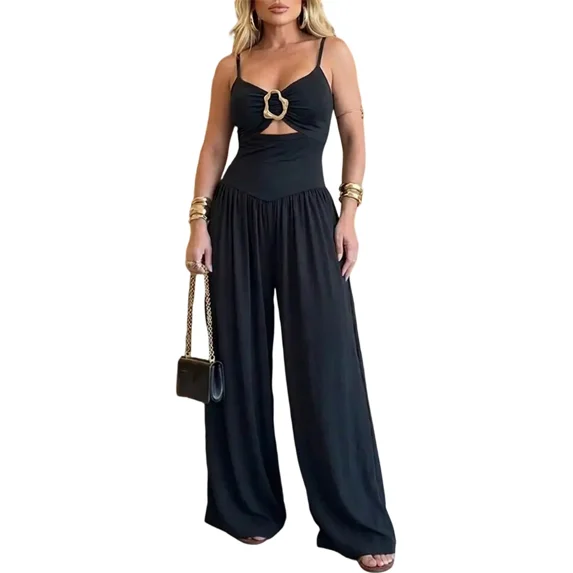 ChicMe Jumpsuits For Women Gold Ring Spaghetti Strap Cut-Out Waist Backless Wide Leg Jumpsuit Elegant Party Womens Rompers Black-L