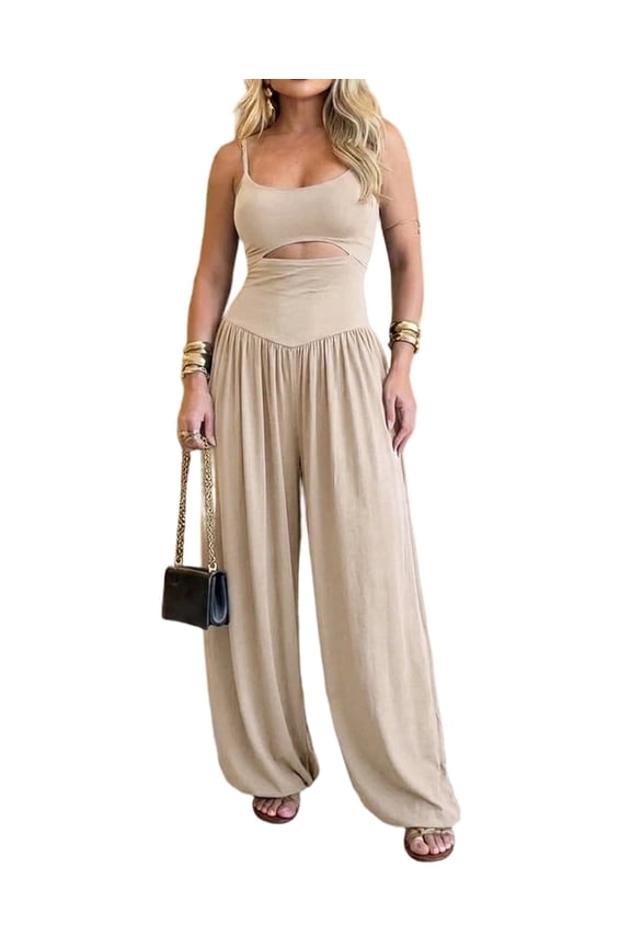Womens Jumpsuits Sleeveless Cut-Out Waist Backless Tie-Back Ruched Wide Leg Vacation Summer Jumpsuit for Women Beige-L