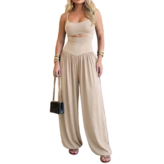 ChicMe Jumpsuits for Women Spaghetti Strap Sleeveless Cut-Out Waist Backless Tie-Back Ruched Wide Leg Vacation Summer Womens Rompers Beige-M