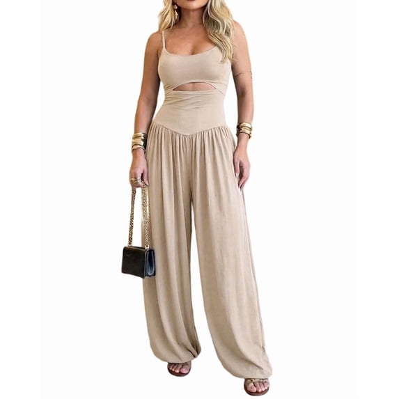 ChicMe Womens Jumpsuits Sleeveless Cut-Out Waist Backless Tie-Back Ruched Wide Leg Vacation Summer Jumpsuit for Women Beige-M