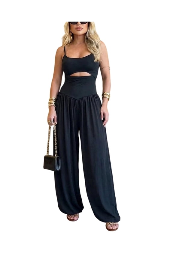 Jumpsuits for Women Spaghetti Strap Sleeveless Cut-Out Waist Backless Tie-Back Ruched Wide Leg Vacation Summer Womens Rompers Black-L