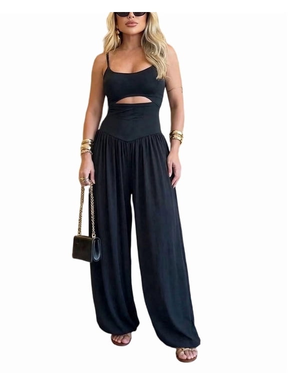 Womens Jumpsuits Sleeveless Cut-Out Waist Backless Tie-Back Ruched Wide Leg Vacation Summer Jumpsuit for Women Black-L