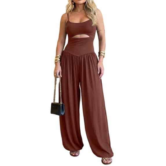 ChicMe Jumpsuits for Women Spaghetti Strap Sleeveless Cut-Out Waist Backless Tie-Back Ruched Wide Leg Vacation Summer Womens Rompers Brown-M