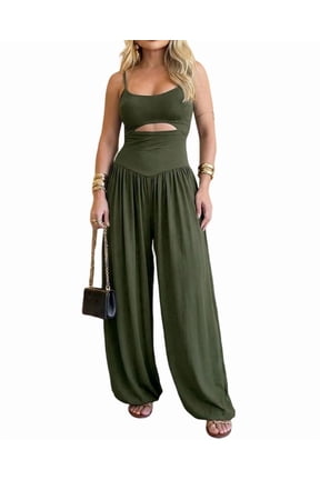 Womens Jumpsuits Sleeveless Cut-Out Waist Backless Tie-Back Ruched Wide Leg Vacation Summer Jumpsuit for Women Green-L