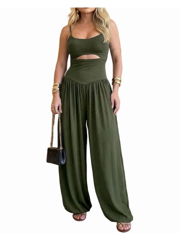 Womens Jumpsuits Sleeveless Cut-Out Waist Backless Tie-Back Ruched Wide Leg Vacation Summer Jumpsuit for Women Green-M