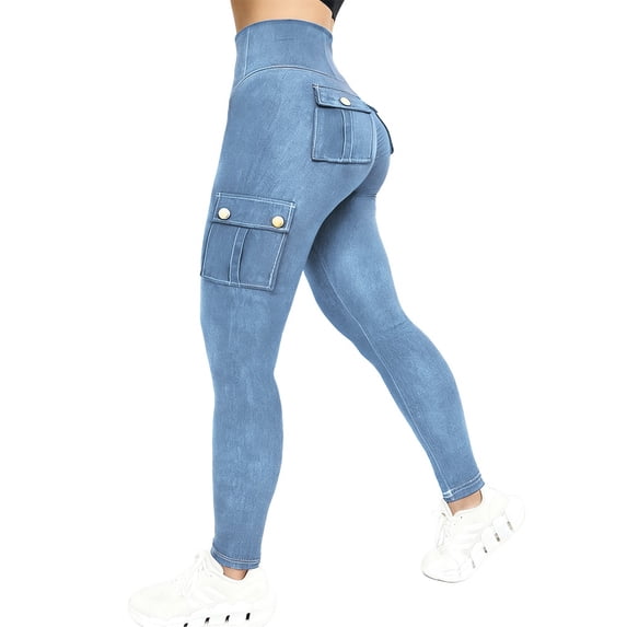 ChicMe Leggings for Women Solid Color High Waist Tummy Control Butt Lifting Denim Look Stretchy Womens Yoga Pants with Flap Pockets Lighte Blue-L