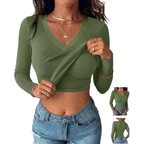 ChicMe Built In Bra Shirts for Women V Neck Long Sleeve Ribbed Knit Basic Shirt Casual Soft Fall Tops Army Green-M