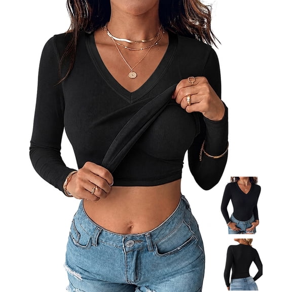 ChicMe T-Shirts for Women Built In Bra V Neck Long Sleeve Ribbed Knit Basic Shirt Casual Soft Fall Tops Black-L