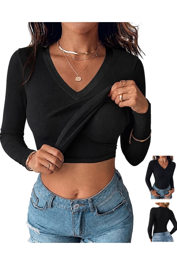T-Shirts for Women Built In Bra V Neck Long Sleeve Ribbed Knit Basic Shirt Casual Soft Fall Tops Black-L