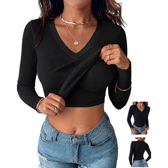 ChicMe Built In Bra Shirts for Women V Neck Long Sleeve Ribbed Knit Basic Shirt Casual Soft Fall Tops Black-L
