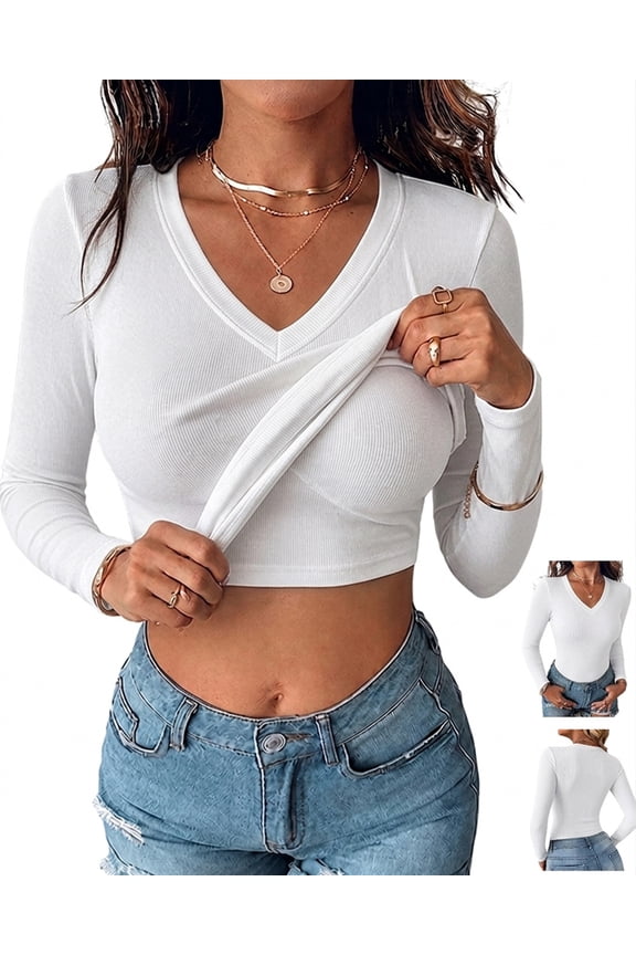 T-Shirts for Women Built In Bra V Neck Long Sleeve Ribbed Knit Basic Shirt Casual Soft Fall Tops White-L
