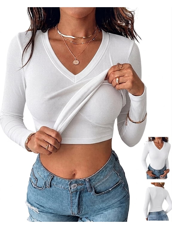 Built In Bra Shirts for Women V Neck Long Sleeve Ribbed Knit Basic Shirt Casual Soft Fall Tops White-M
