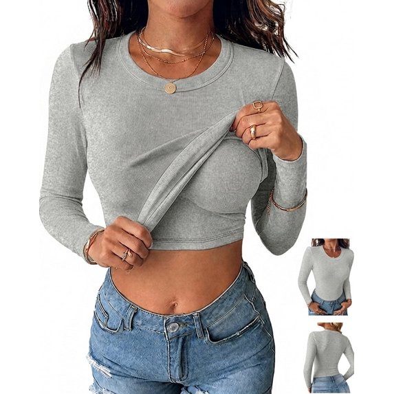 ChicMe T-Shirts for Women Built in Bra Crew Neck Long Sleeve Ribbed Knit Fall Womens Tops Slim Fit Casual Basic Shirt Gray-XL