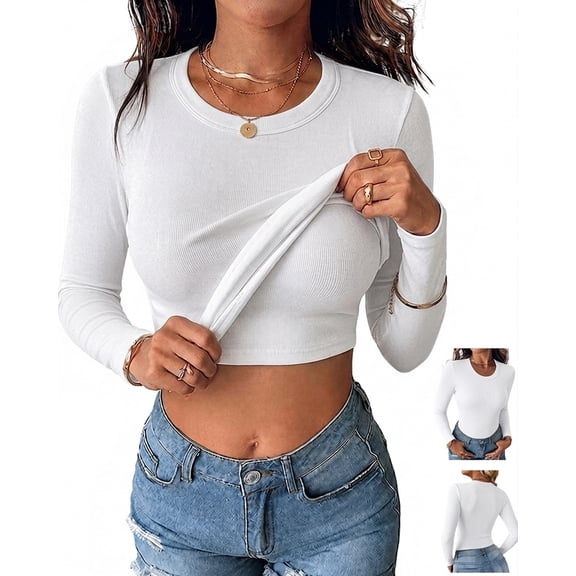 ChicMe T-Shirts for Women Built in Bra Crew Neck Long Sleeve Ribbed Knit Fall Womens Tops Slim Fit Casual Basic Shirt White-L