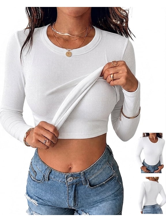 T-Shirts for Women Built in Bra Crew Neck Long Sleeve Ribbed Knit Fall Womens Tops Slim Fit Casual Basic Shirt White-L